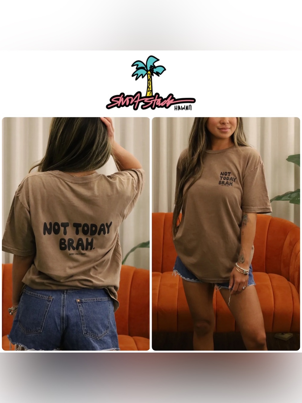 Short Stack Hawaii ☀️ NOT TODAY BRAH • Brown Vintage Wash Tee Shirt • XL